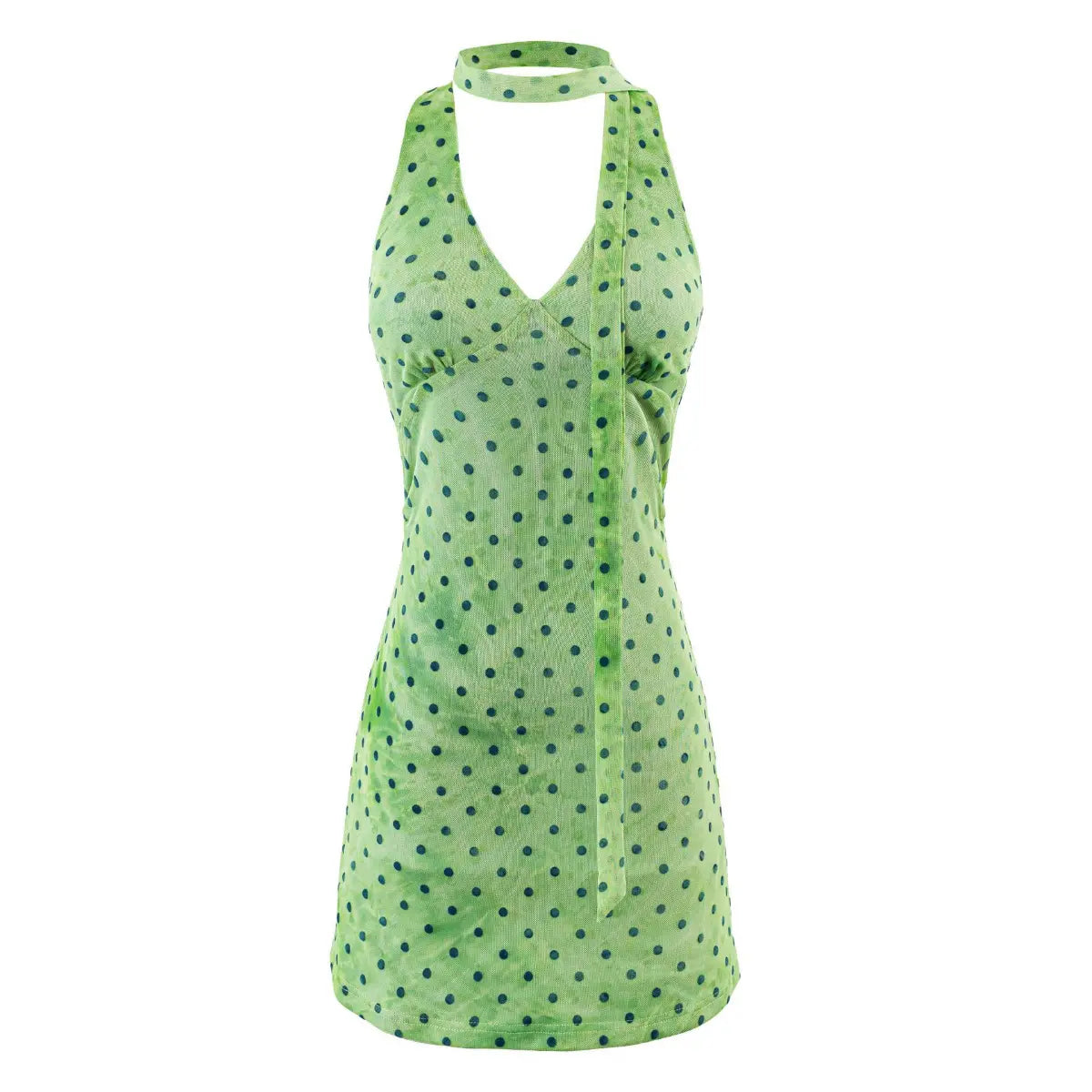 Front view of a green halter mini dress with dark green polka dots and matching neck tie.