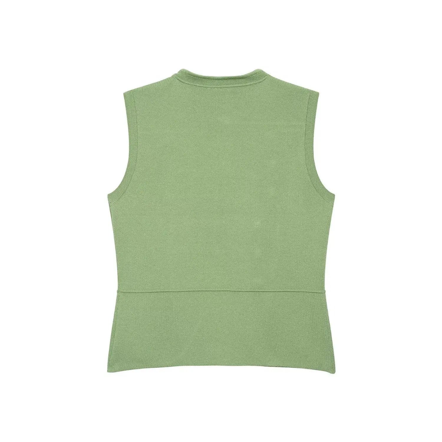 Back view isolated white background, sage green tailored knit vest with smooth solid knit back panel