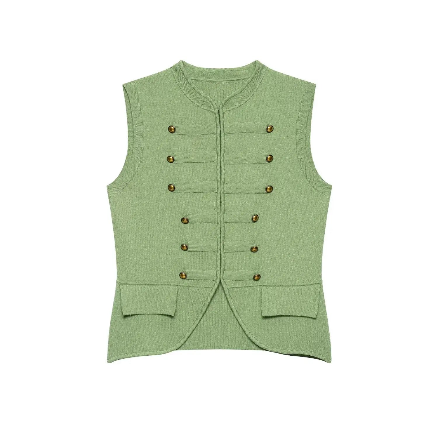 Front view isolated white background, sage green sleeveless knit waistcoat with double breasted brass buttons and front patch pockets