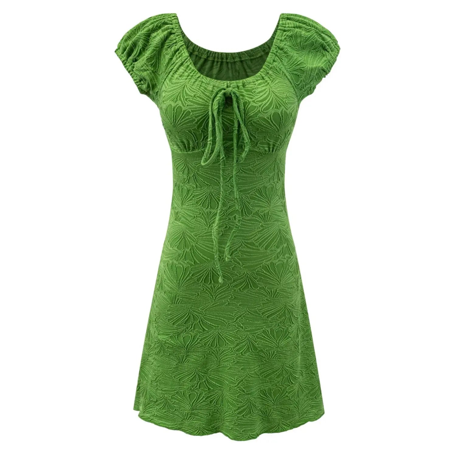 Full front white background studio shot of bright green textured mini dress, elastic square neck, center bust self-fabric drawstring tie, fitted waist flared hem