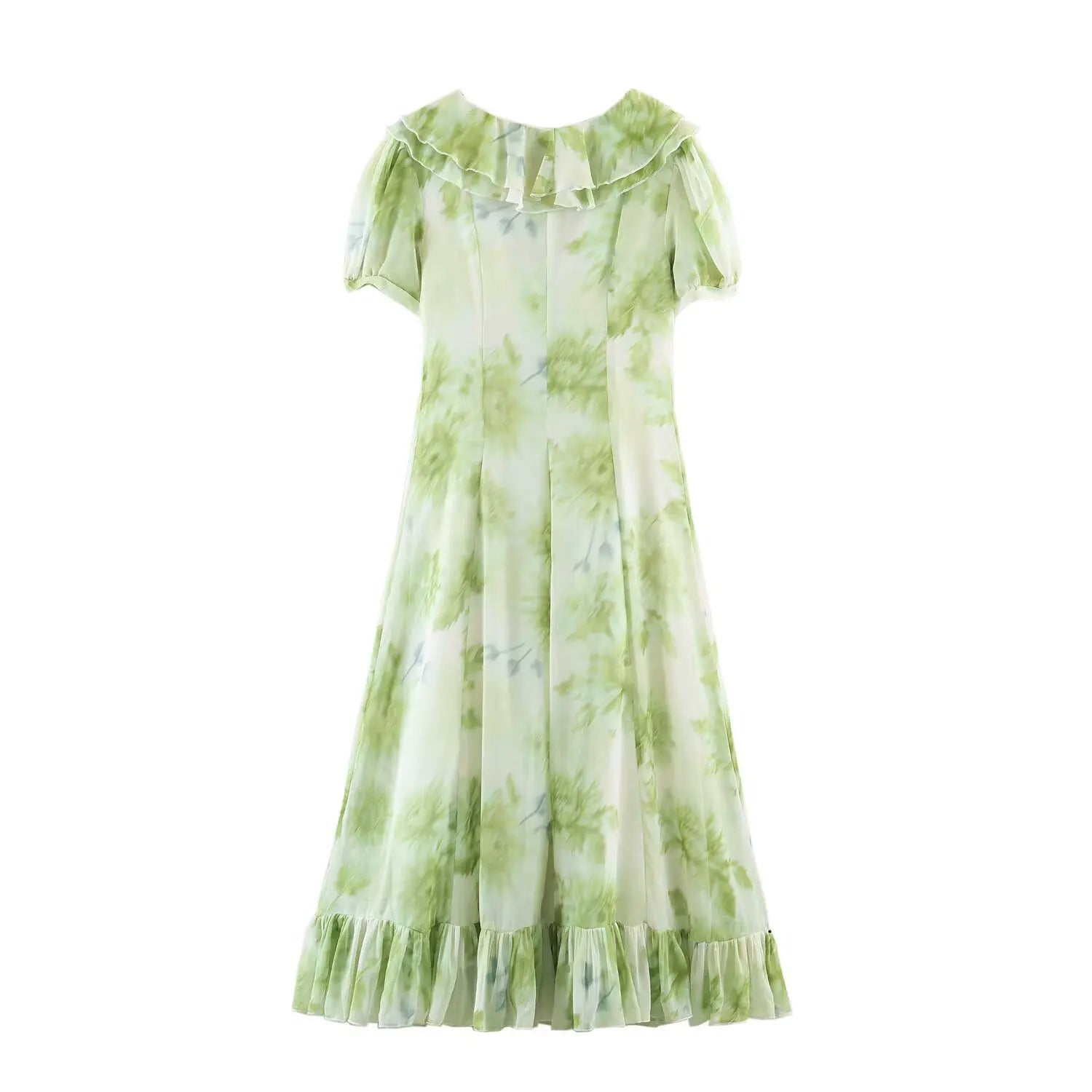 Back view green floral print maxi dress, ruffle neckline, short puff sleeves, flowy maxi silhouette on plain white background