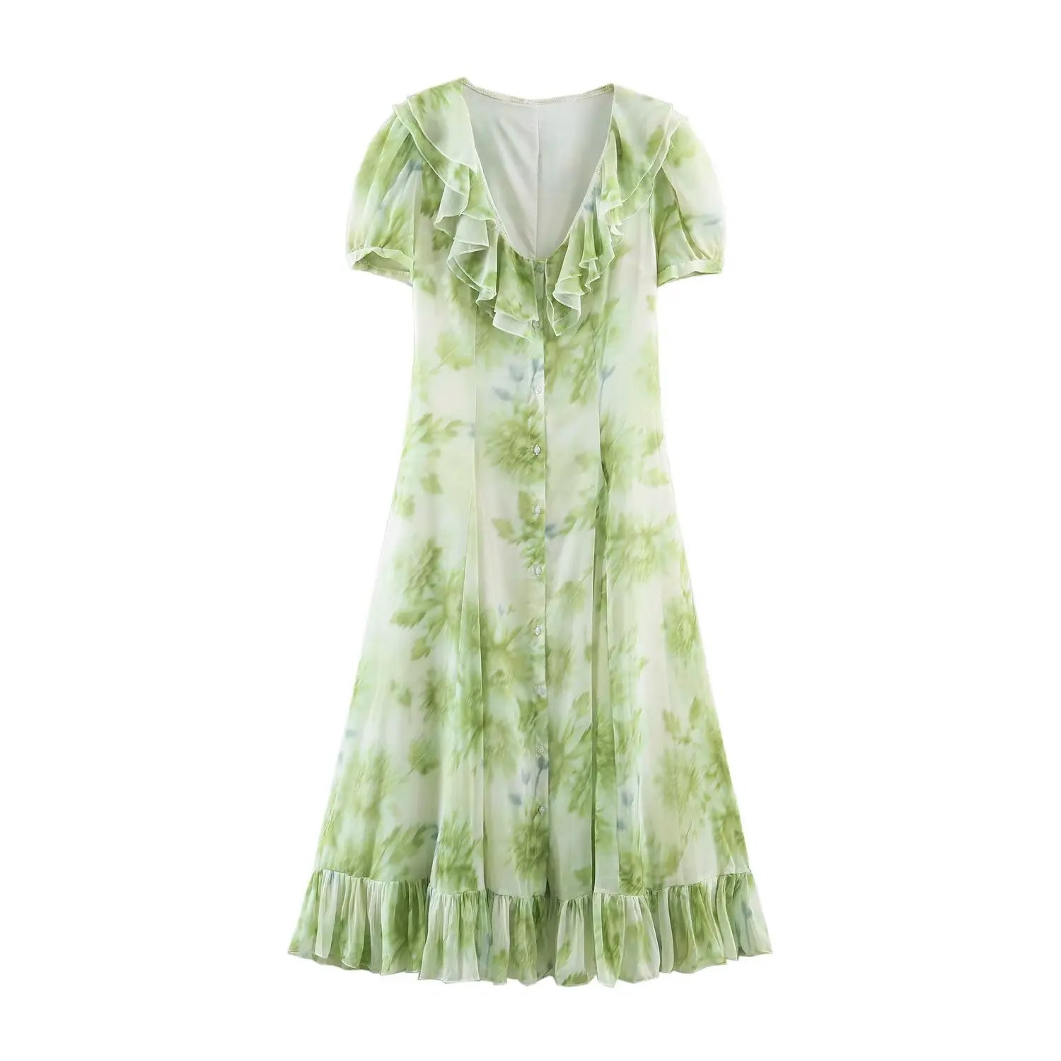 Front view green floral print maxi dress, v‑neck ruffle collar, short puff sleeves, front button placket, ruffle hem, white background