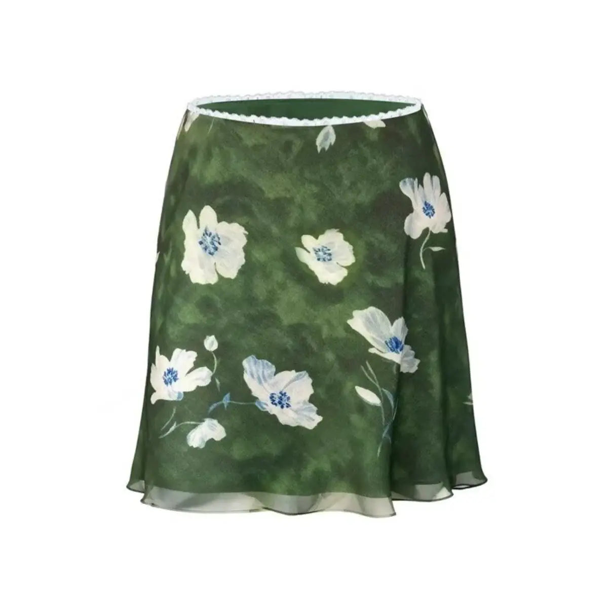 Studio shot of a green floral chiffon mini skirt with white flowers, showing the flowy hem and lace-trimmed waistband against a white background.