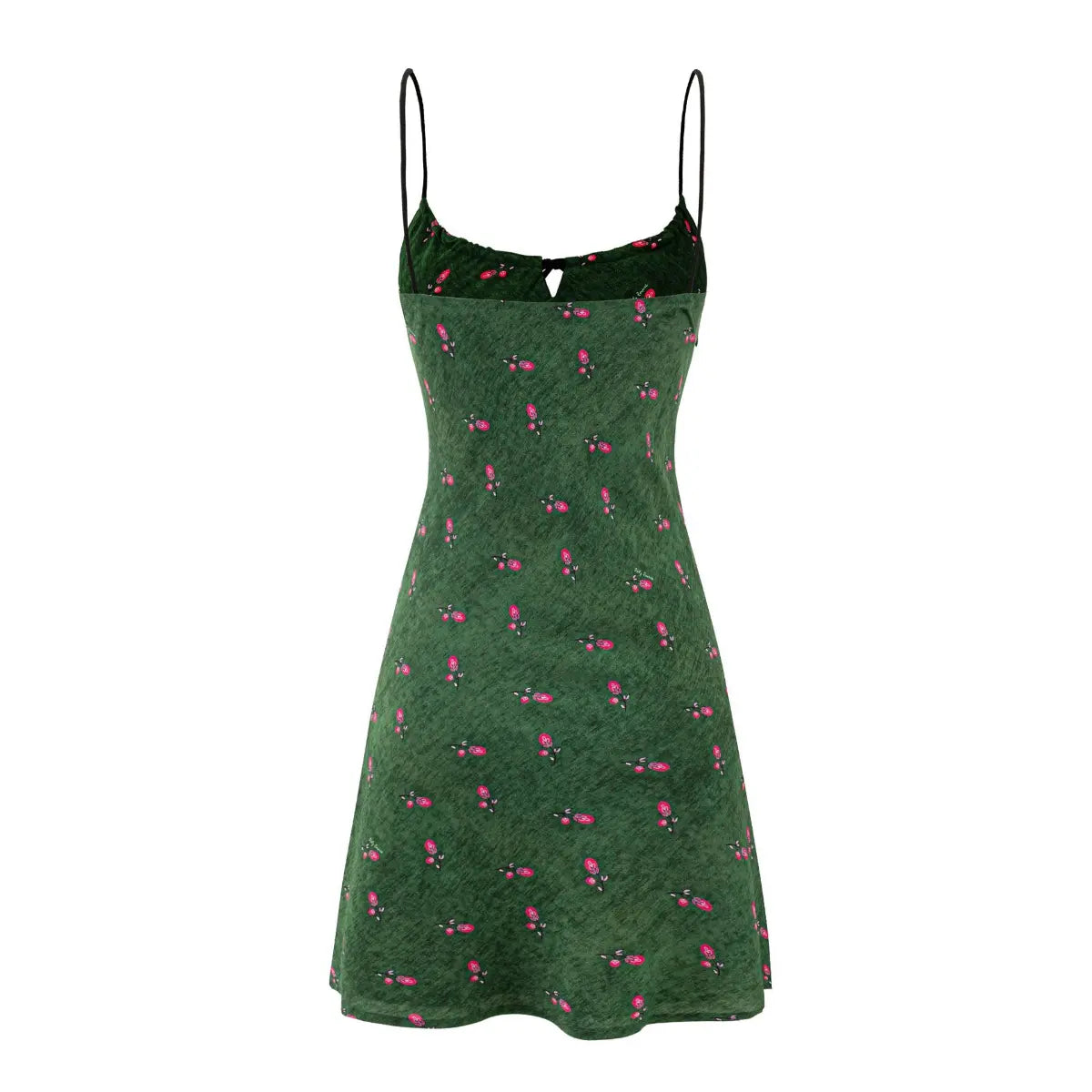 Back view of a green floral spaghetti-strap mini dress, showing the keyhole cutout at the back, thin black straps, and full A-line skirt with pink floral print.