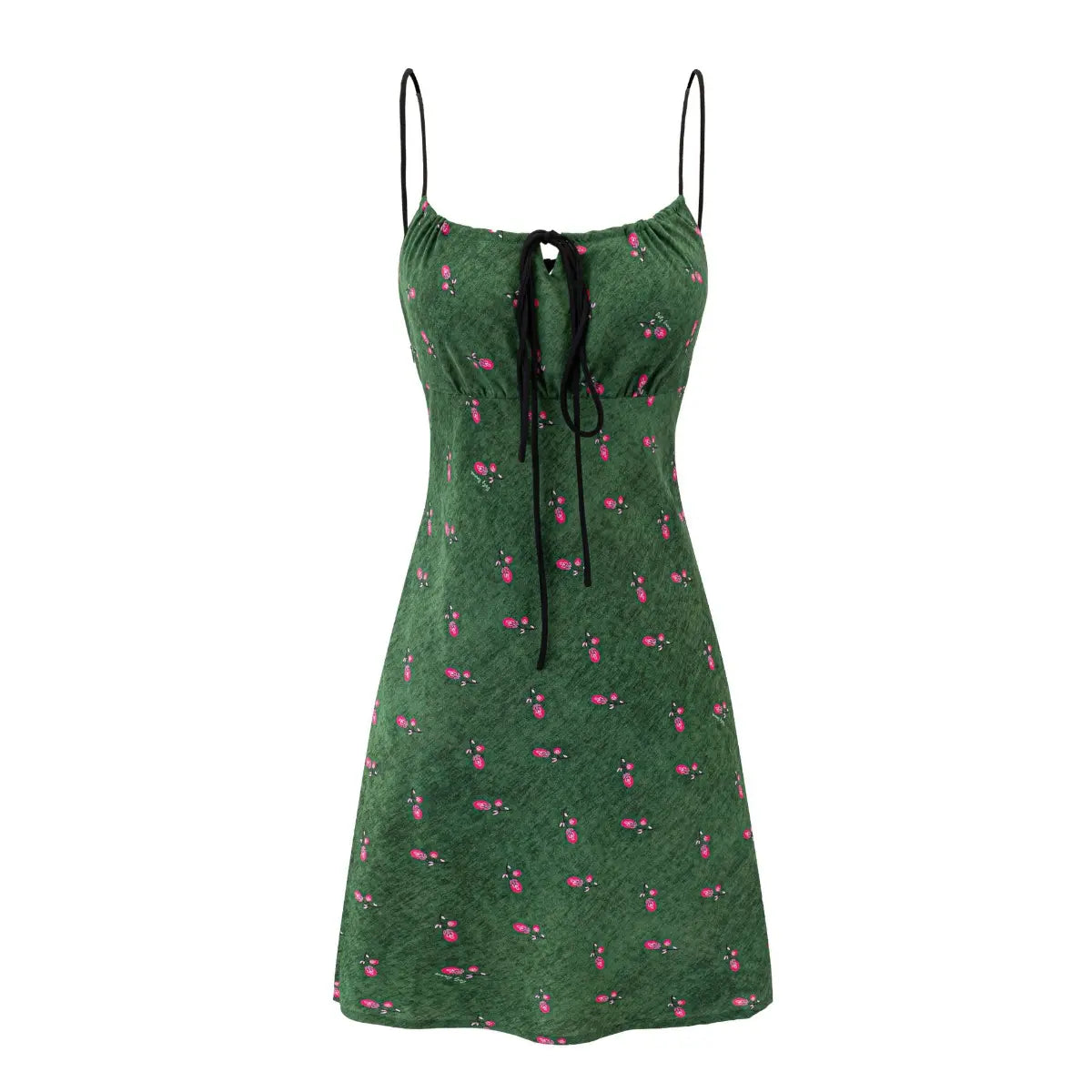  Studio shot of a green floral spaghetti-strap mini dress, featuring a black tie detail at the bust, pink floral print, and A-line silhouette.