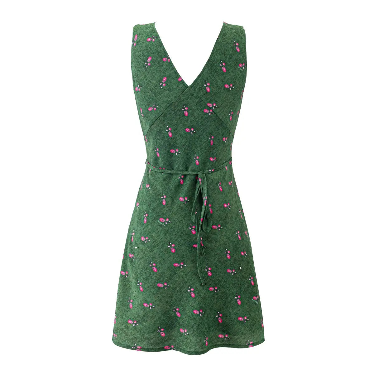 Back view of a green sleeveless V-neck mini dress with a wrap-style bodice and waist tie.