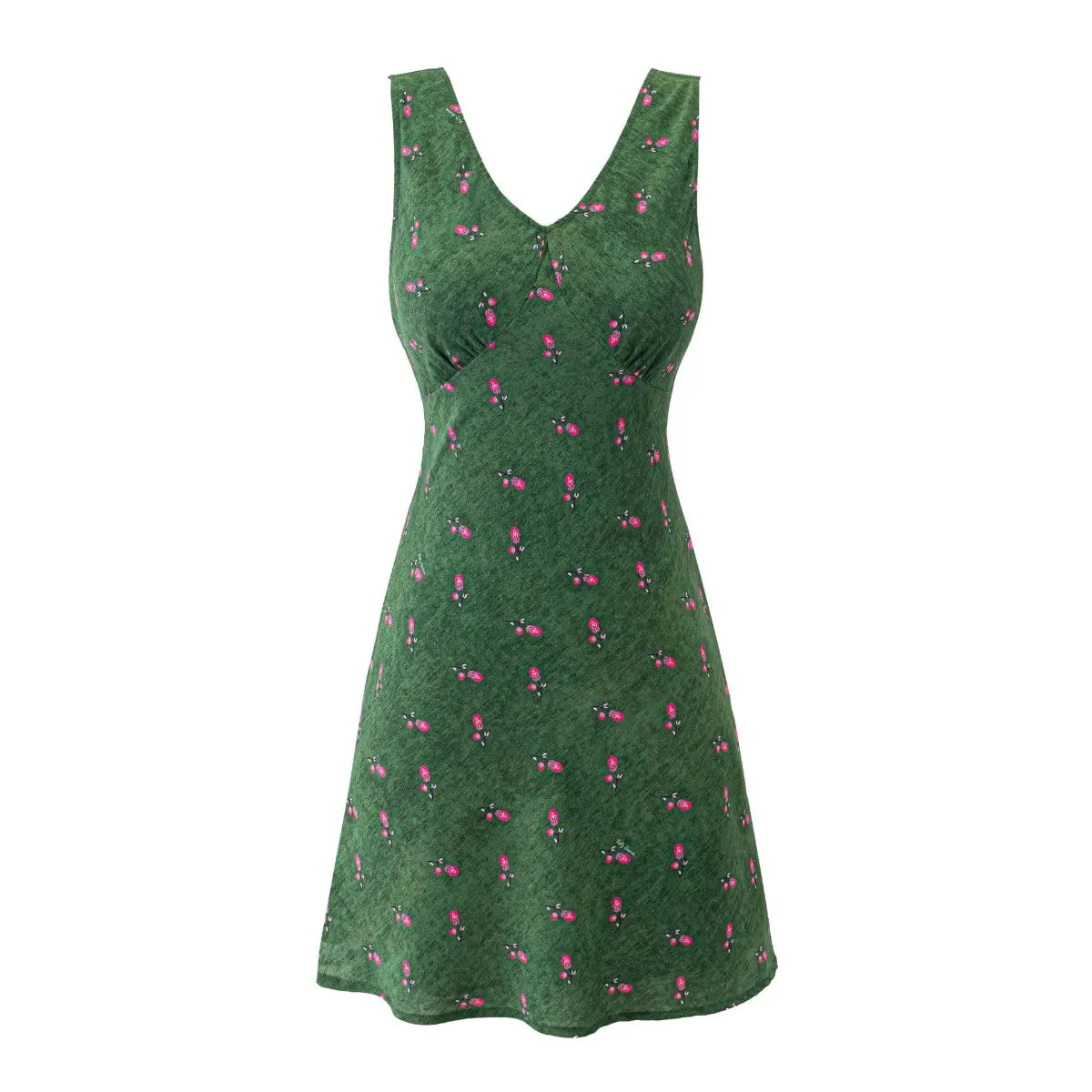 Front view of a green sleeveless V-neck mini dress with small pink floral print.