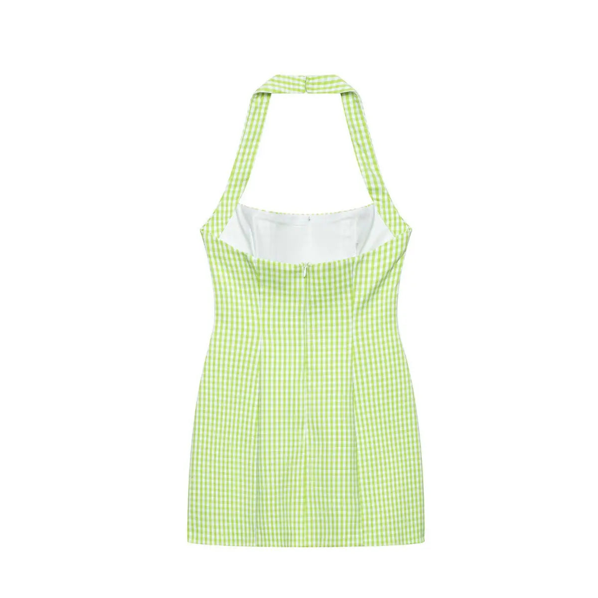 Full back view of a green gingham halter mini dress, highlighting the fitted silhouette, back zipper, and halter strap design.