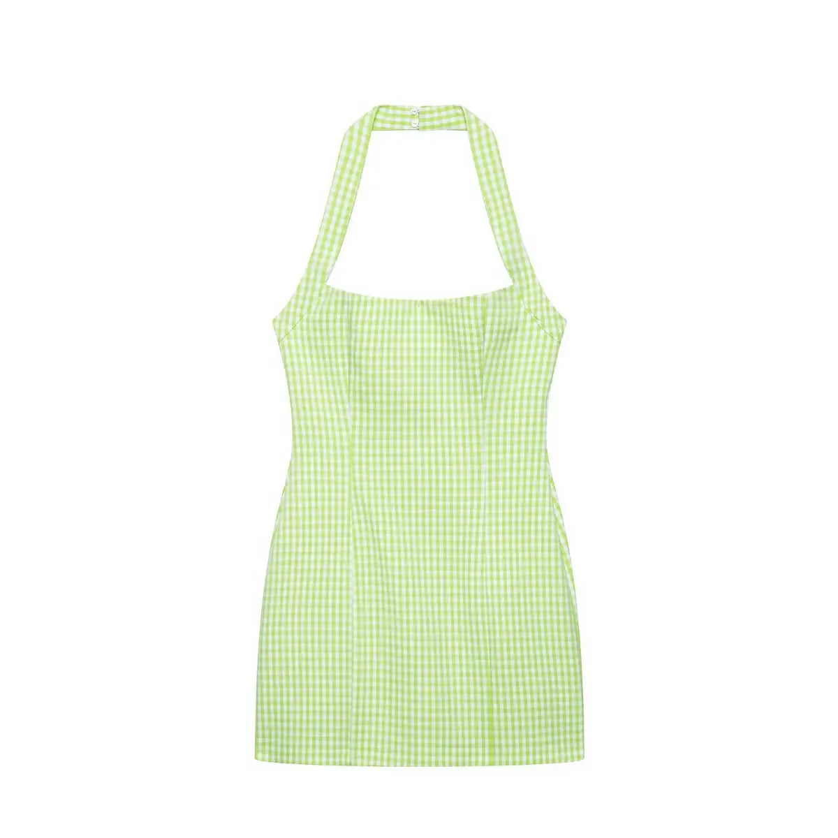 Flat lay view of a green and white gingham halter mini dress, showcasing the halter neck, square bust, and A-line silhouette.