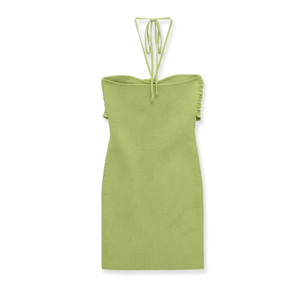Full back view of green knit halter mini dress, showing strapless design and tie-back halter straps.