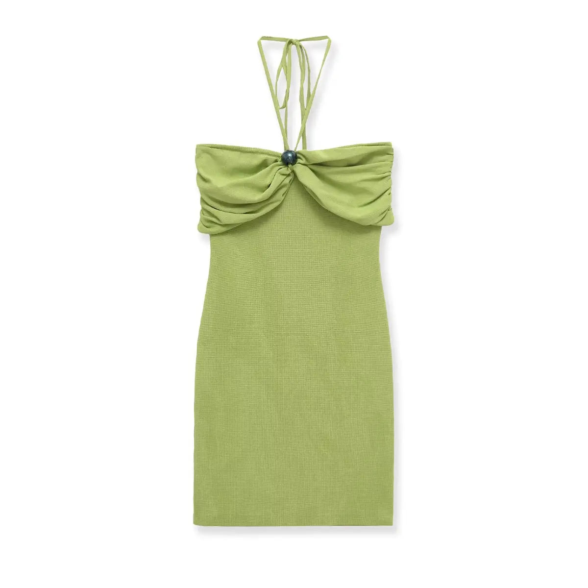 Full front view of green knit halter mini dress, featuring gathered bust and central bead detail.