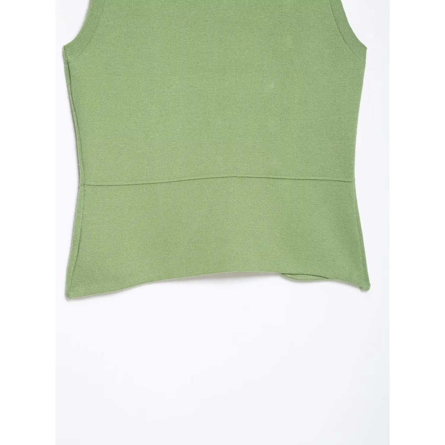 Close‑up of lower back hem seam and fine knit fabric texture on sage green sleeveless vest