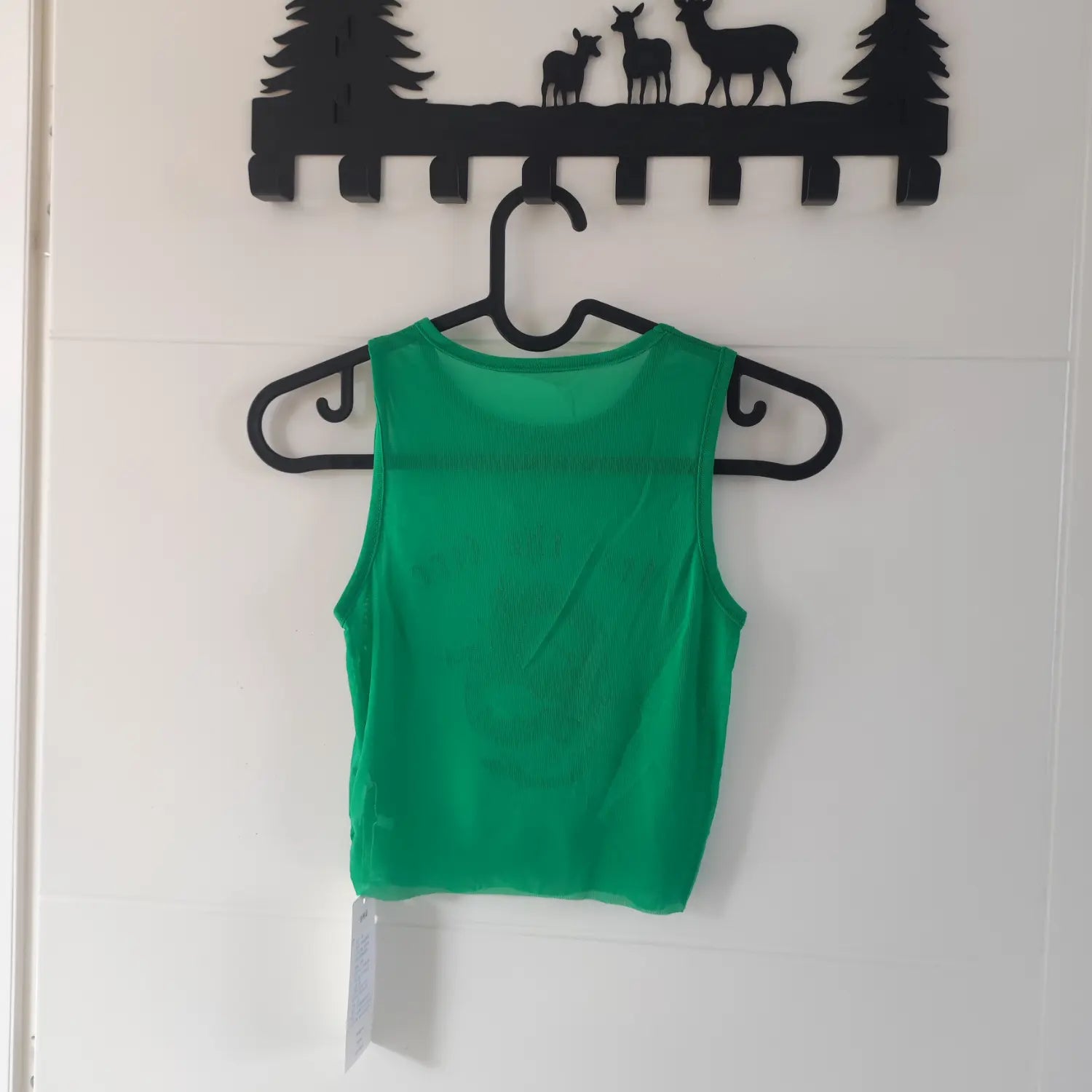 Hanging back view green sheer mesh cropped tank top showing reversed back graphic print