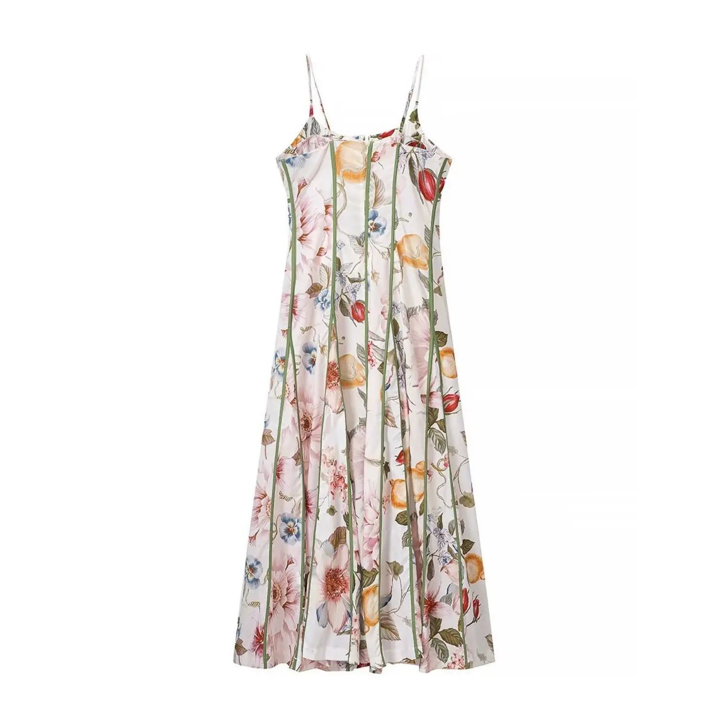 Green piping dress full back flat view, matching green vertical piping, uniform allover watercolor flower print