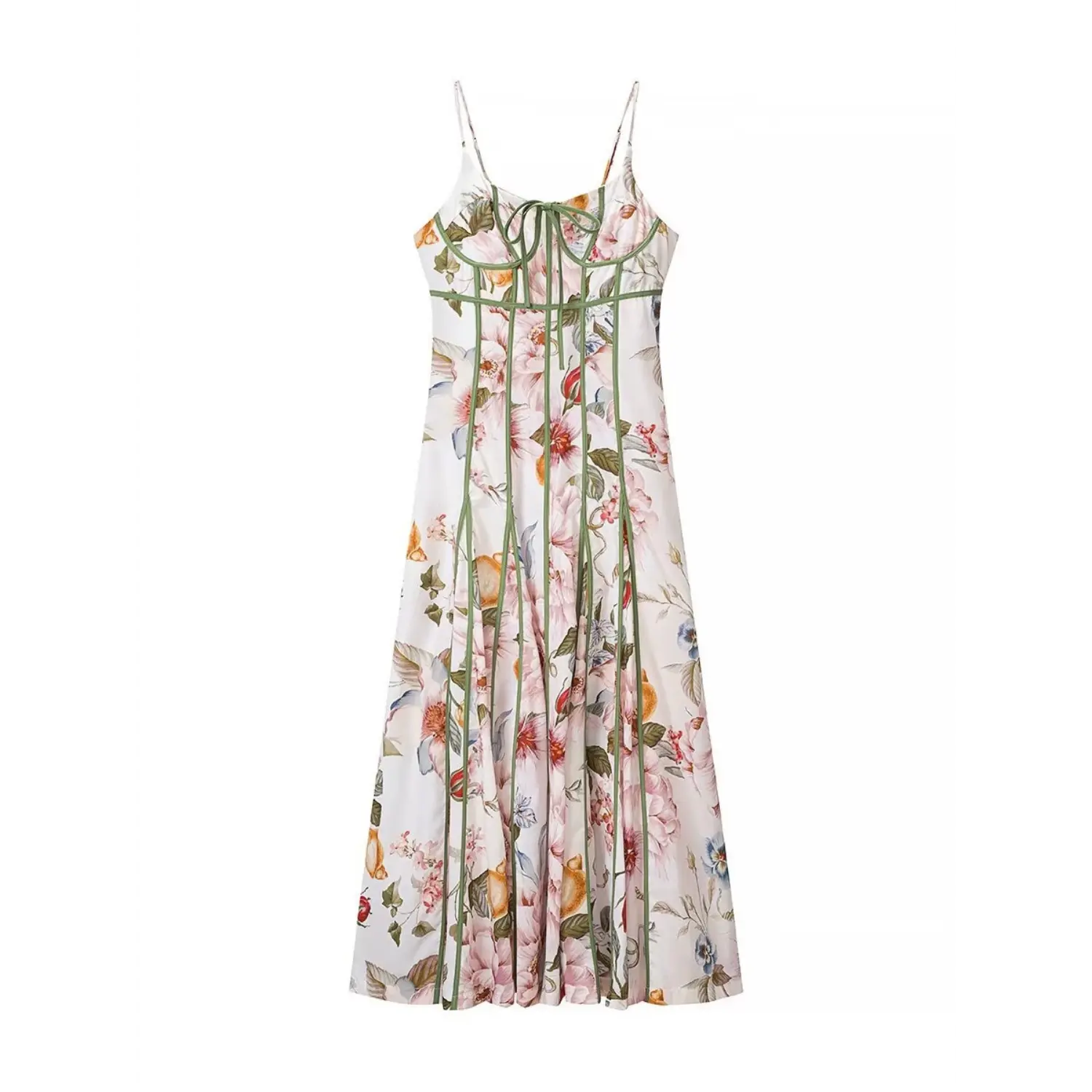 Green piping version full front flat main shot, cage bust green piping, thin spaghetti straps, layered flowy midi skirt