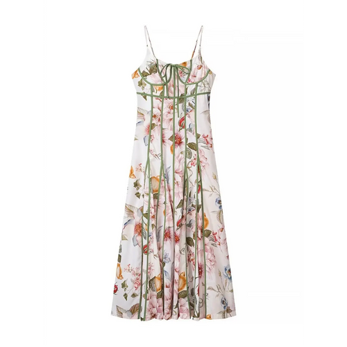 Green piping version full front flat main shot, cage bust green piping, thin spaghetti straps, layered flowy midi skirt