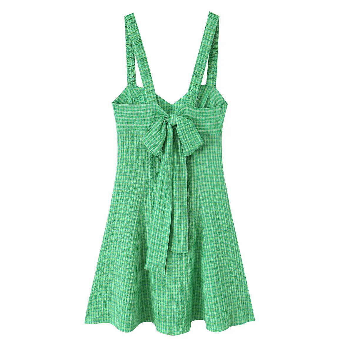 Back view of the green checkered dress, showcasing the large bow detail at the back and smocked shoulder straps.