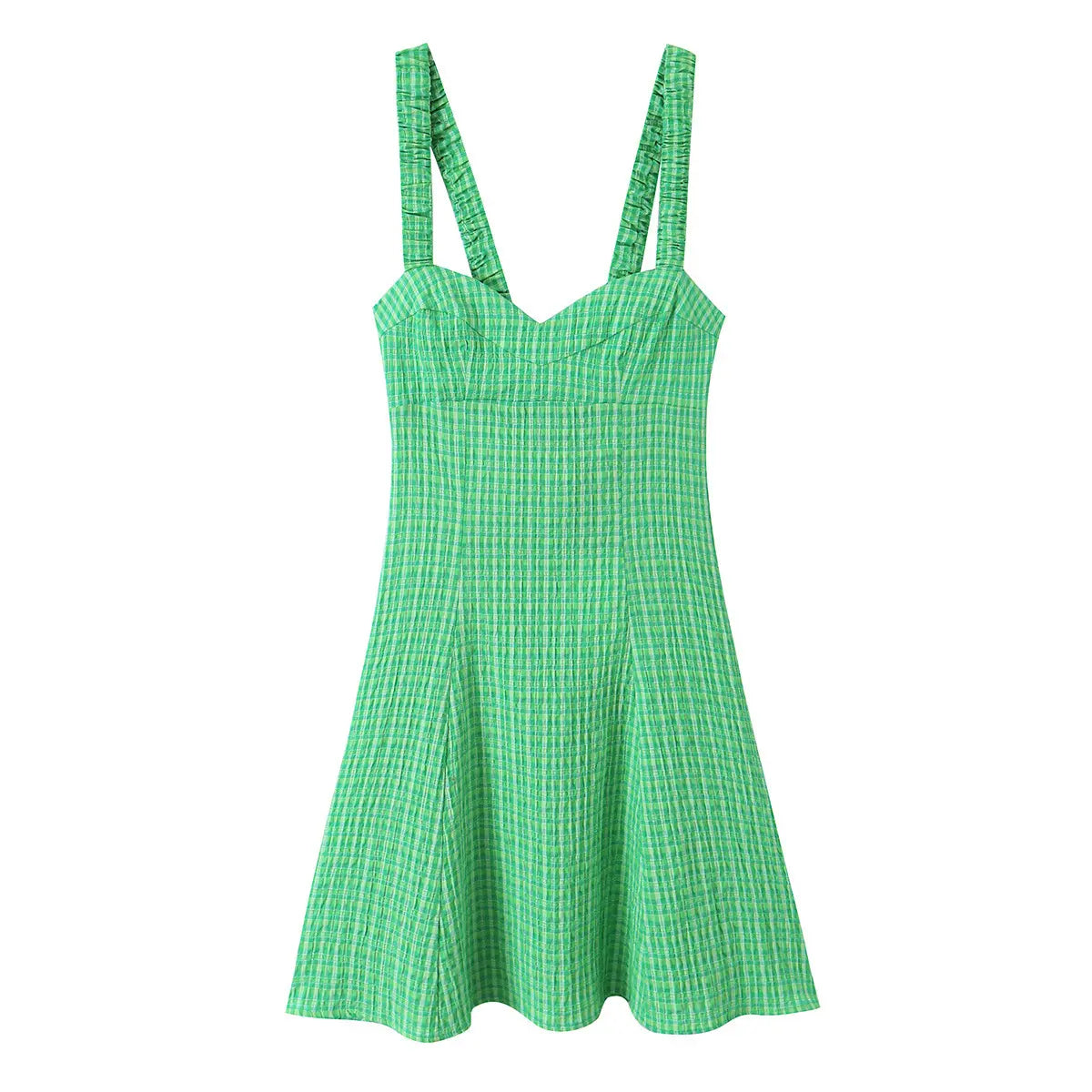Front view of a bright green gingham sundress with smocked straps, sweetheart neckline, and A-line skirt.