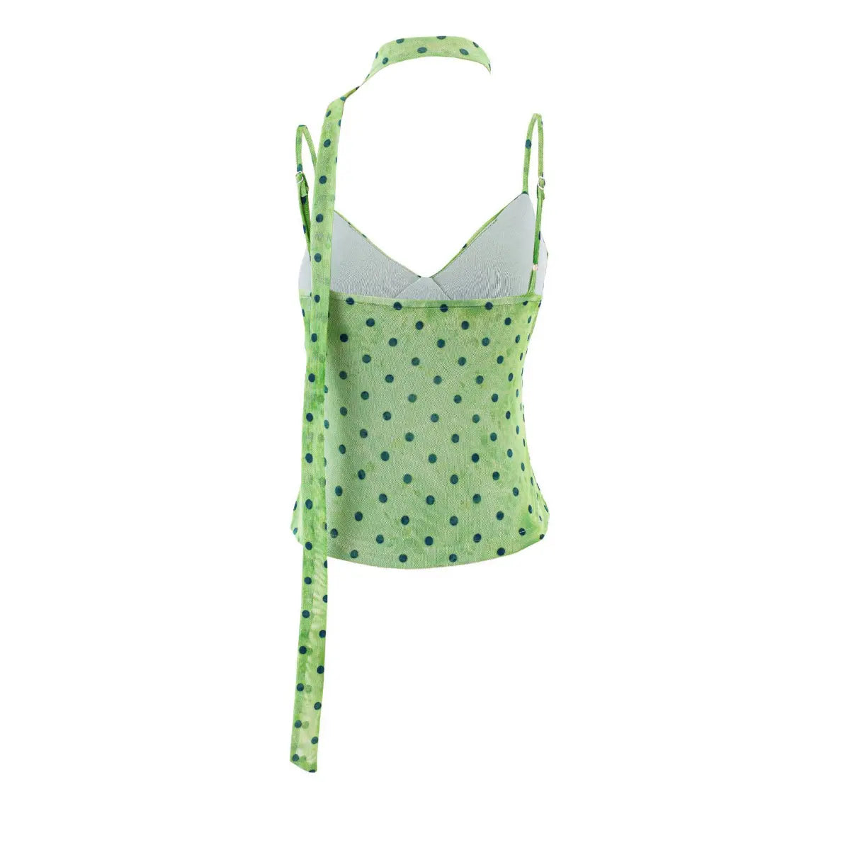 Back view of the green mesh cami top with dark green polka dots, showing the adjustable straps and inner lining
