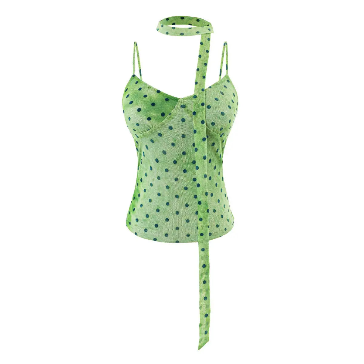 Green mesh cami top with dark green polka dots, matching choker strap, and spaghetti straps, studio front view