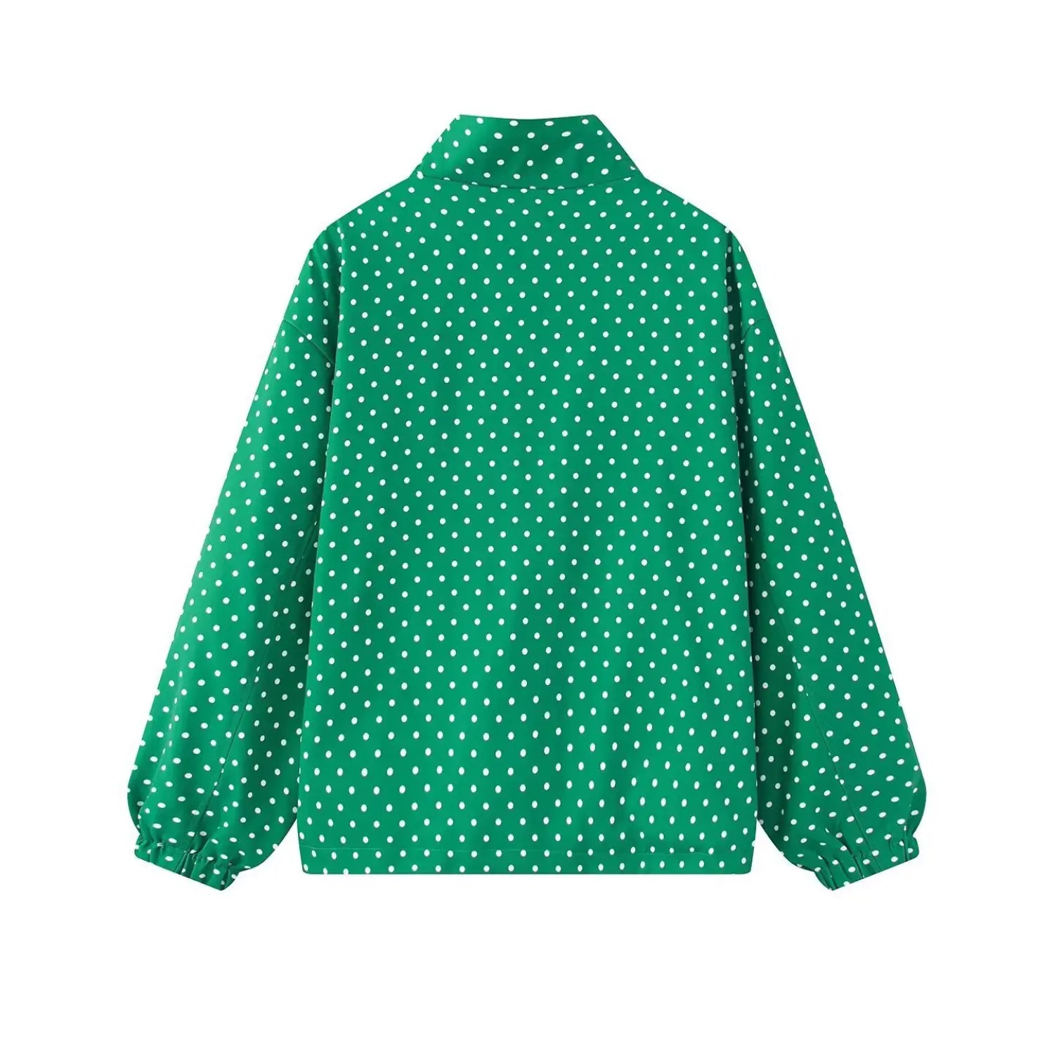 Back view isolated on white background, loose fit green polka dot wind jacket
