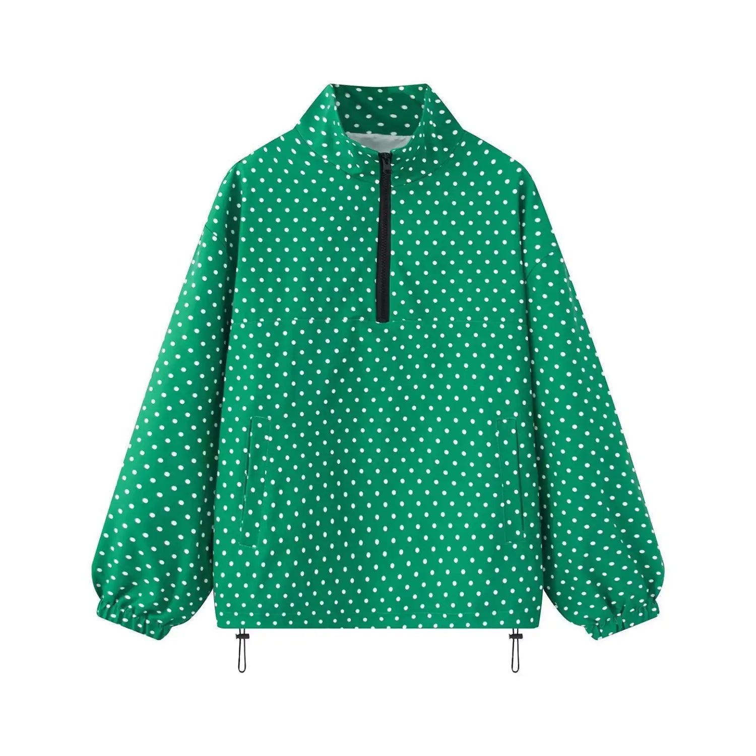 Front view isolated on white background, green white polka dot half zip pullover jacket