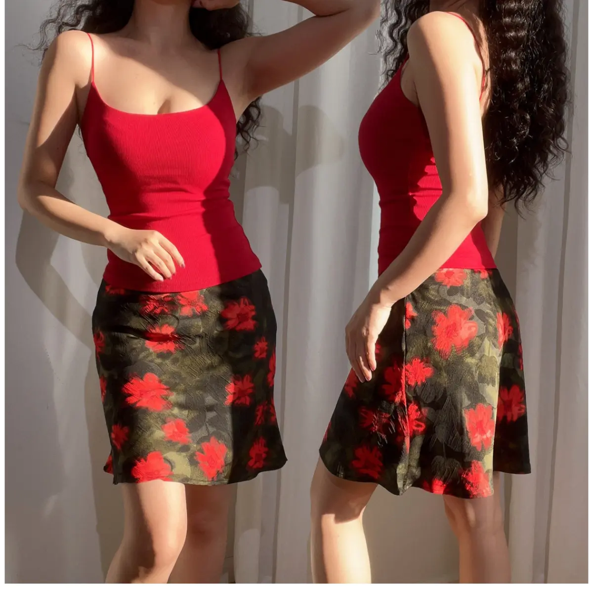 Dual view of a woman wearing a green and red floral chiffon mini skirt, paired with a red ribbed camisole, showing front and side angles.