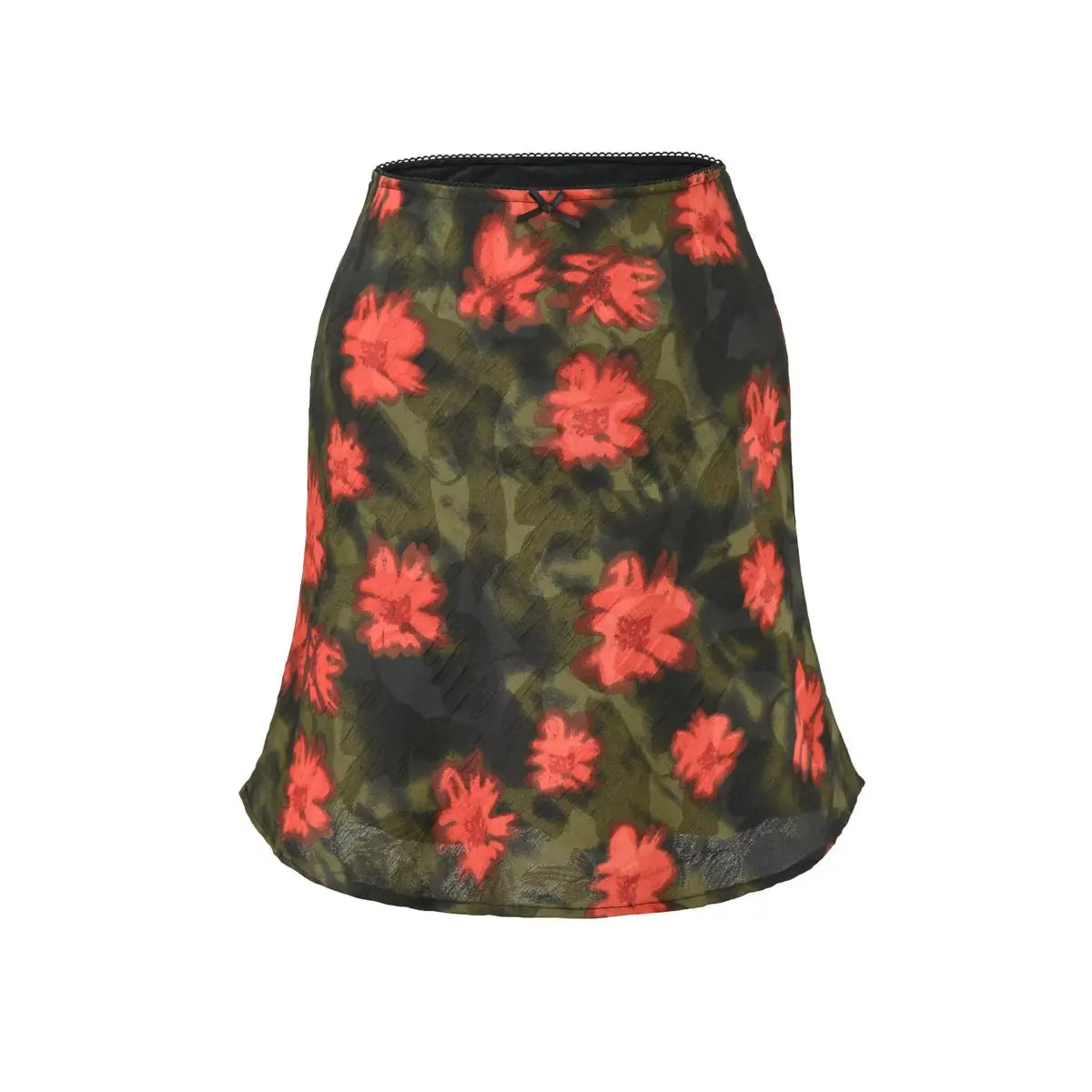  Studio shot of a green and red floral chiffon mini skirt, showing the print, flowy hem, and lace-trimmed waistband against a white background.
