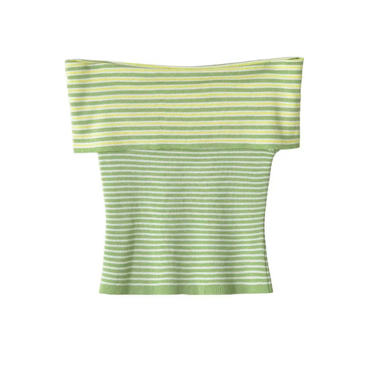 Full back view off shoulder striped slim fit knit crop top