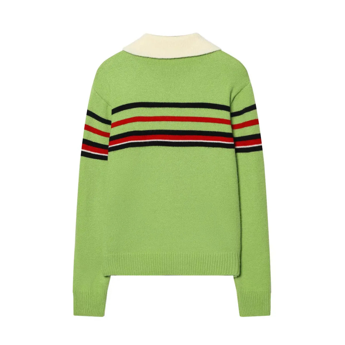 Back view of green knit sweater with cream collar and black red white stripe trims