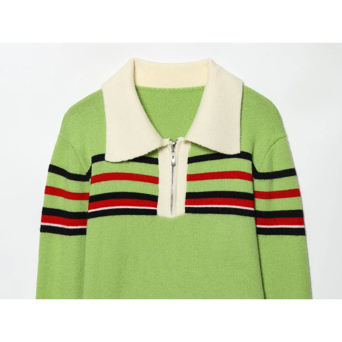 Top half of green knit sweater with cream collar, half zip and striped chest