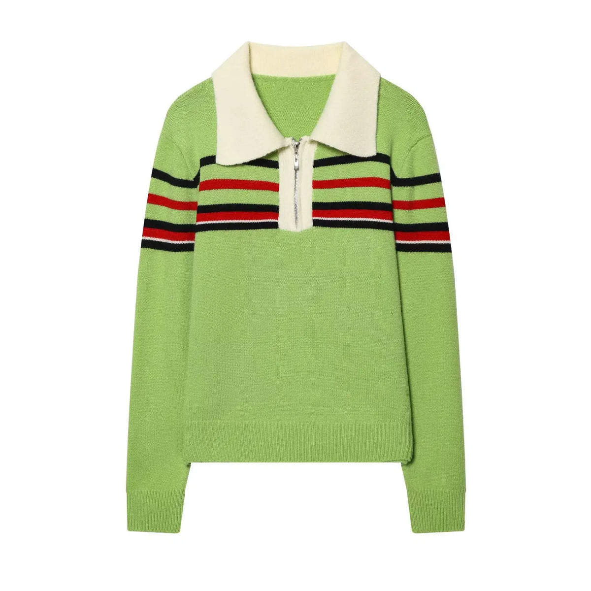 Front view of avocado green knit sweater with cream collar, zip front and stripe trim on white background