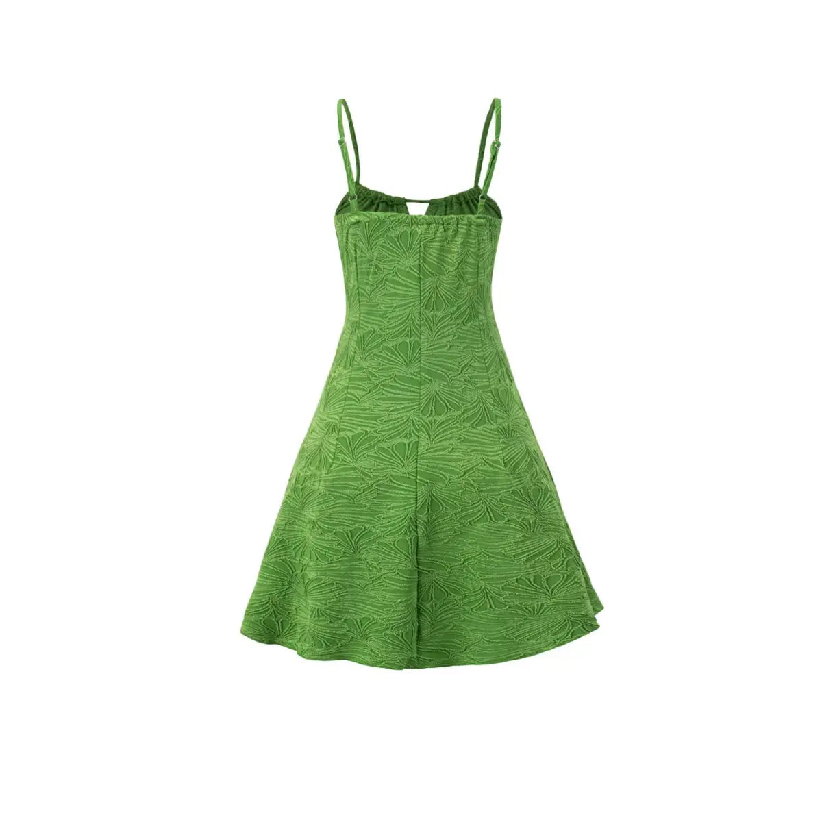 Back view of a green textured mini dress with spaghetti straps, showing the adjustable sliders and full embossed leaf pattern on the flared skirt.