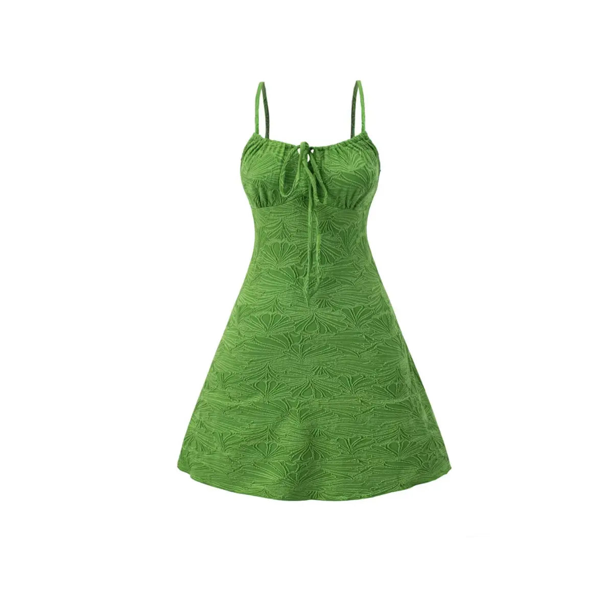 Front view of a green textured mini dress with spaghetti straps, showing the front tie keyhole, fitted bodice, and flared skirt with embossed leaf pattern.