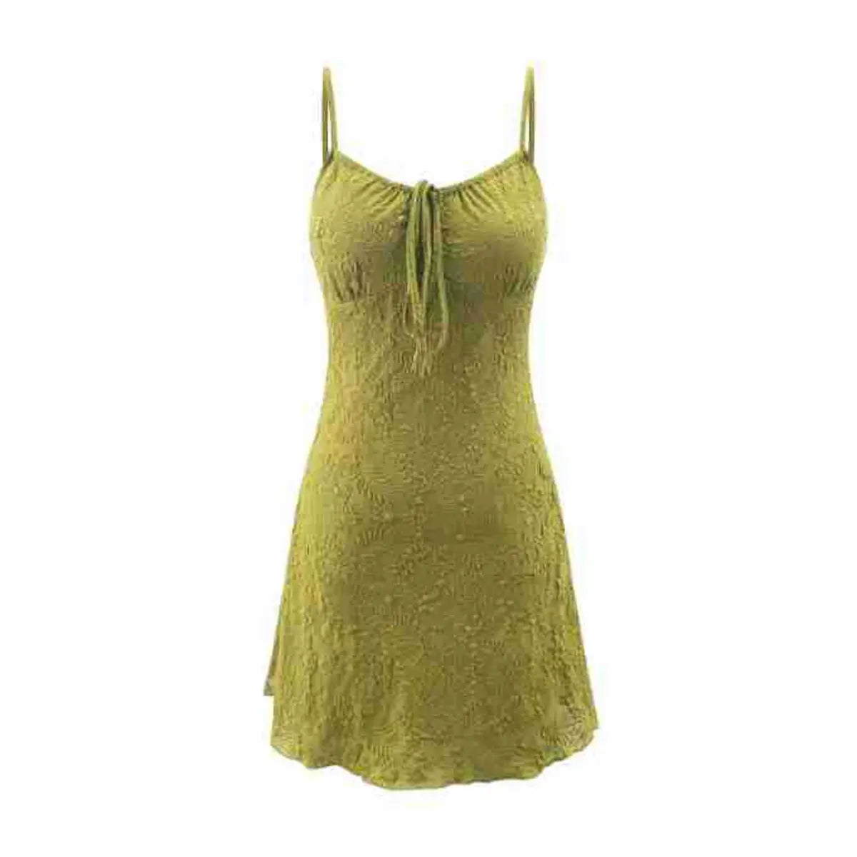Full front view of the same style dress in olive green, showing the textured fabric, tie-front detail, and flared hem.