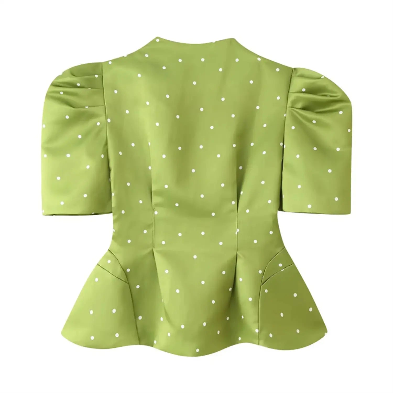 Complete back flat view, plain seamless back panel, uniform white polka dot print, back pleats of bubble sleeves, tailored slim waist peplum silhouette