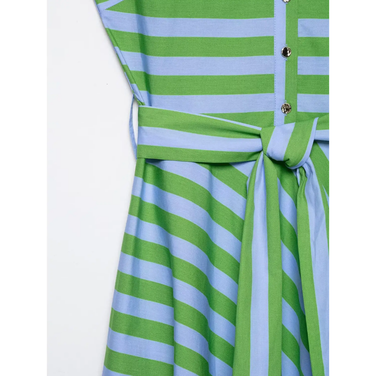 Partial front view of bust button placket and waist tie belt