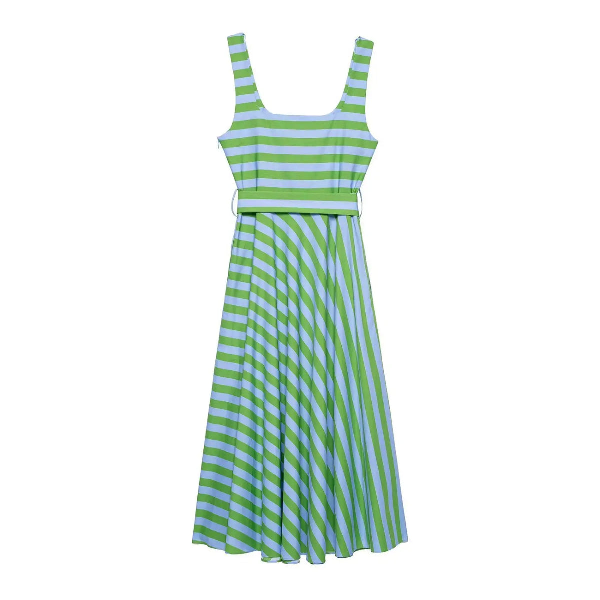 Full flat back view of green light‑blue stripe belted maxi dress