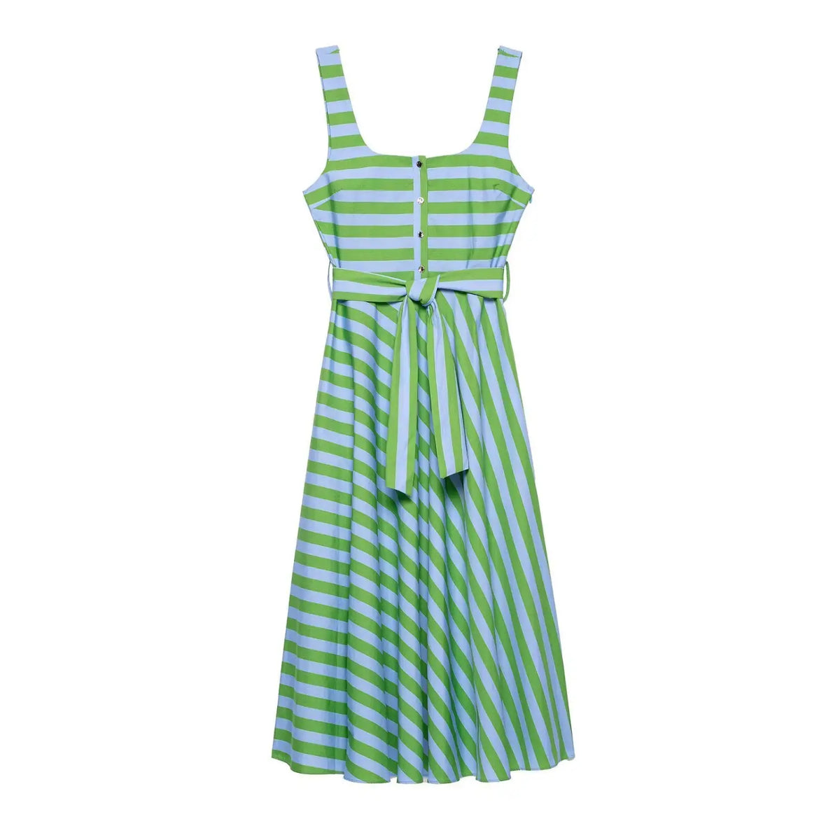 Flat lay front view of green light‑blue stripe square neck belted maxi dress with wide straps