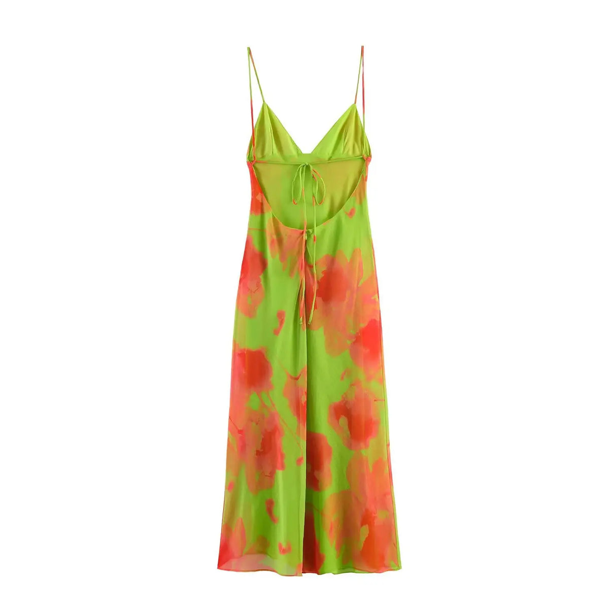 Back full view of green orange floral cami maxi dress with back tie detail