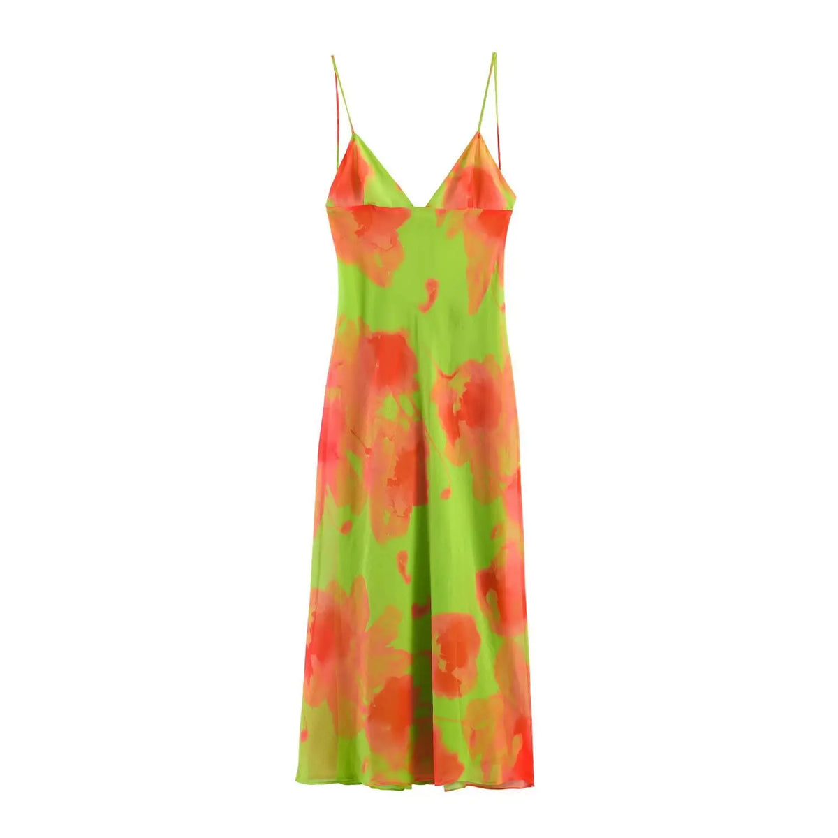 Front full view of green orange floral cami maxi dress with v‑neck