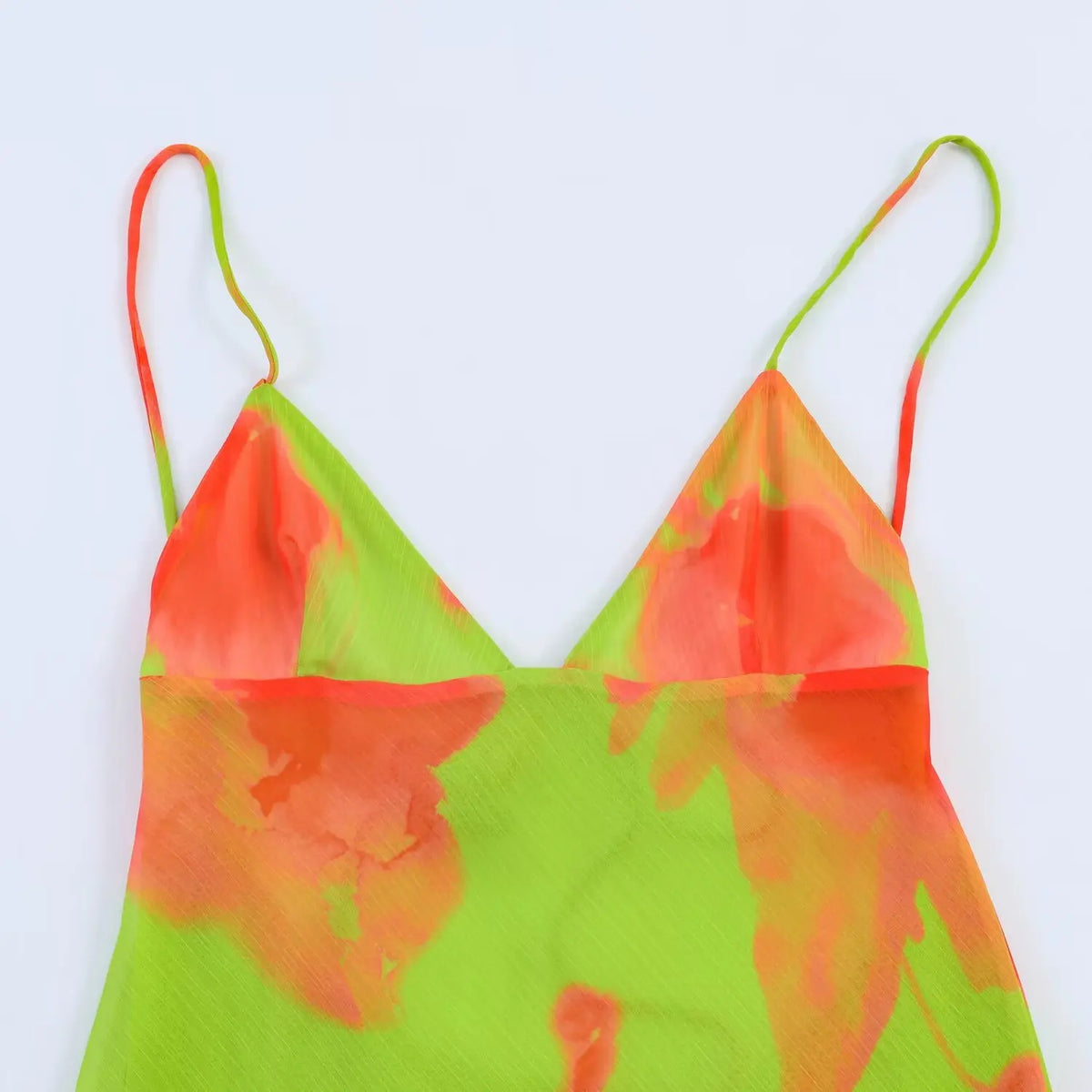 Close‑up of v‑neck front bodice with floral print