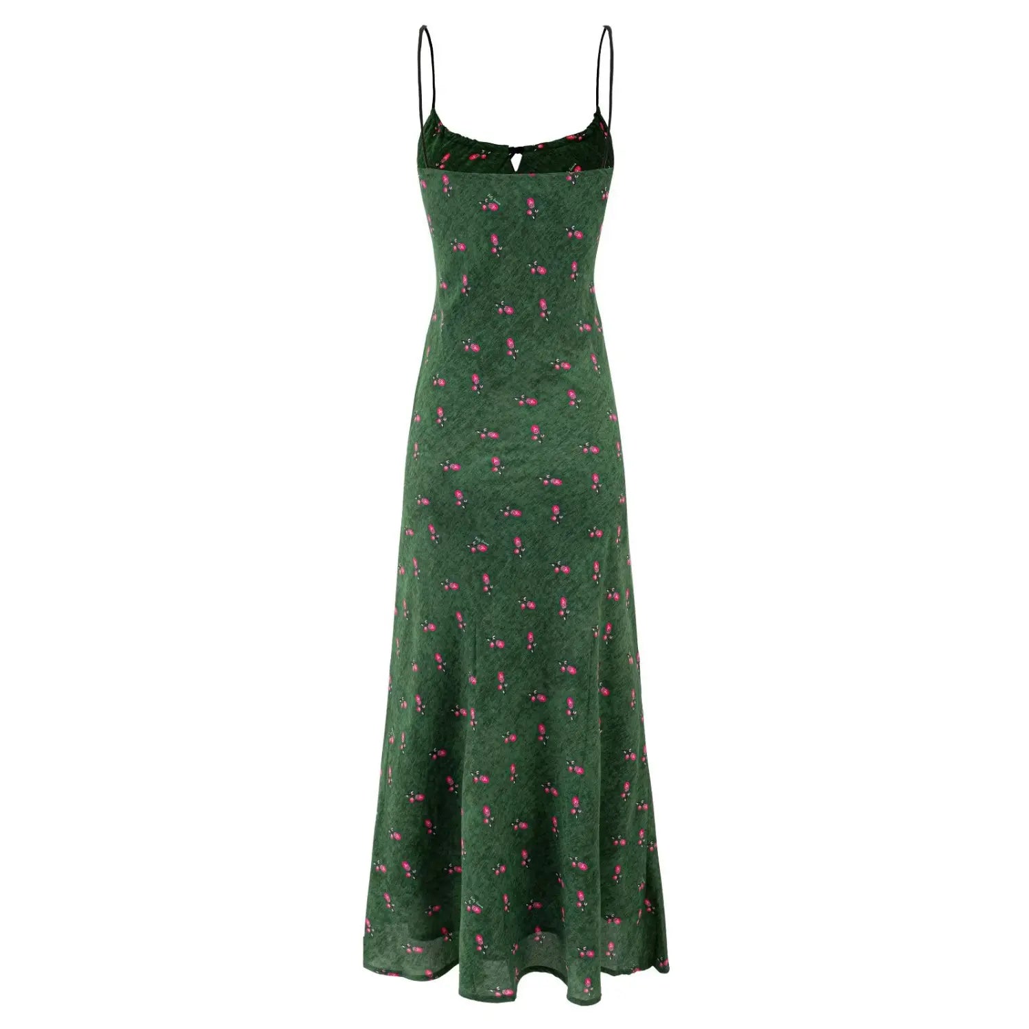 Back full view of green cami maxi dress with pink fruit print