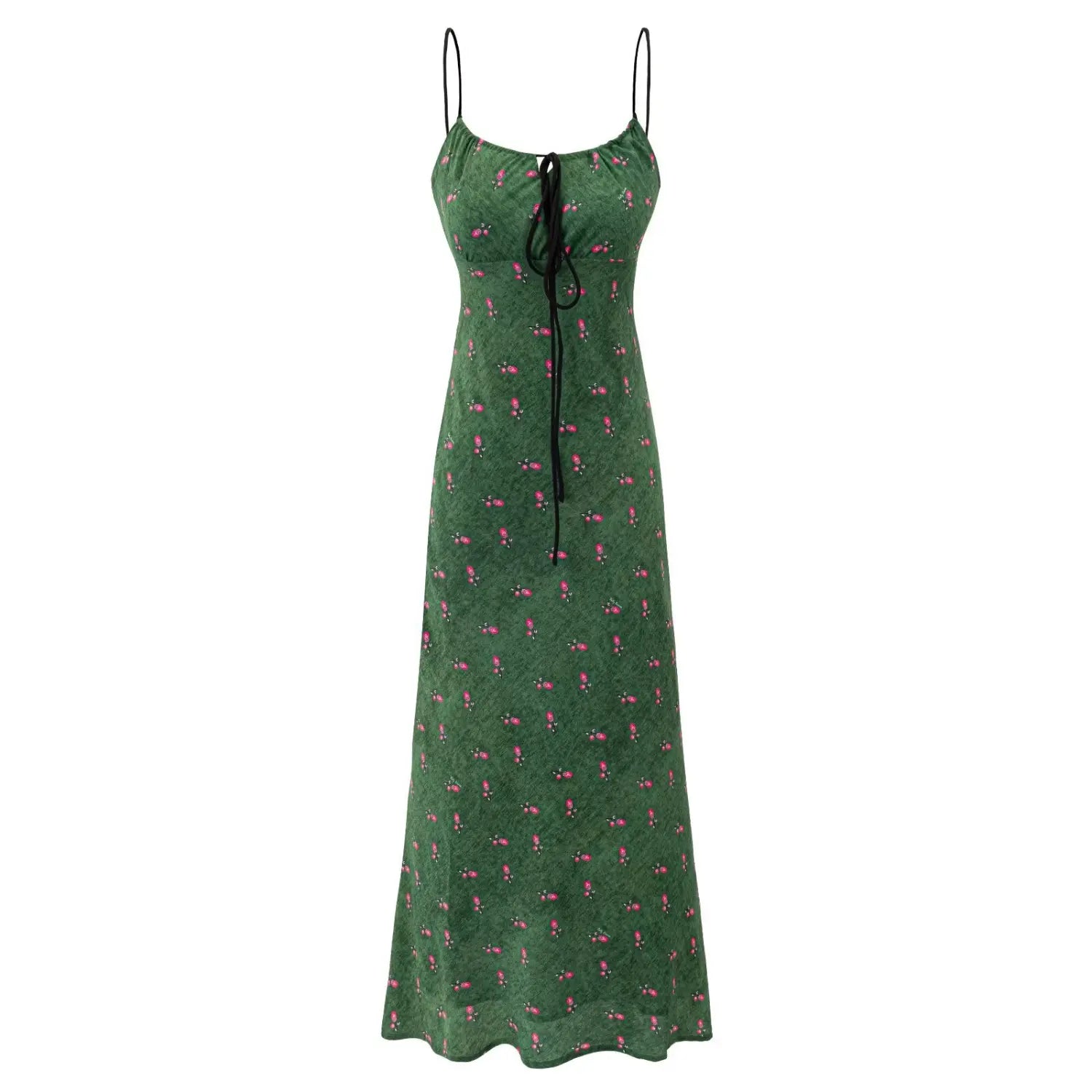 Front full view of green cami maxi dress with pink fruit print and front tie knot