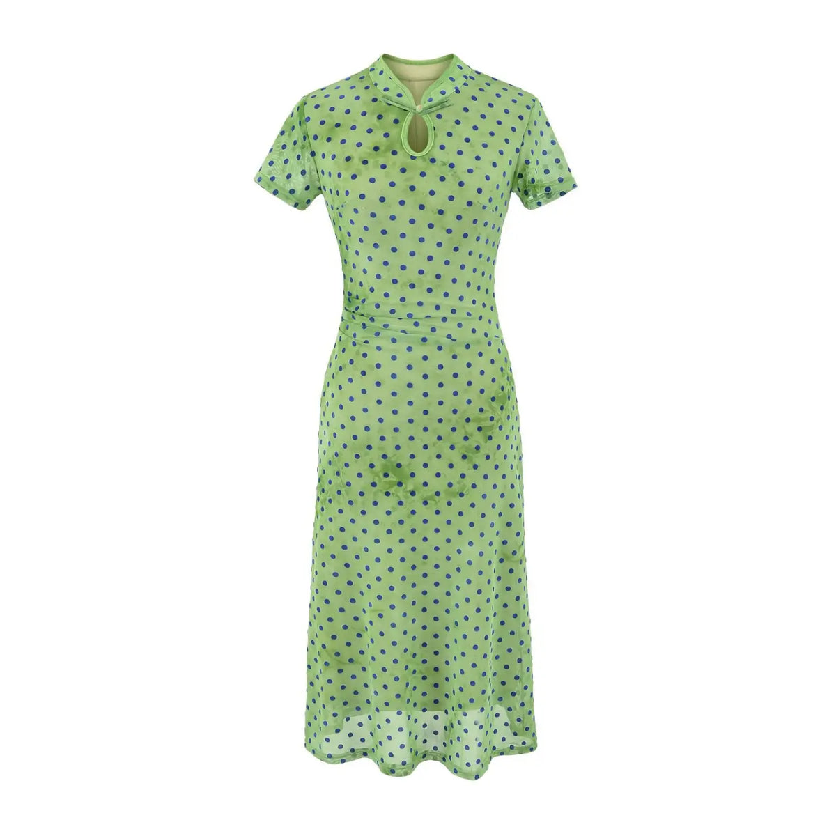 Front full view of green polka dot cheongsam‑style maxi dress with short sleeves