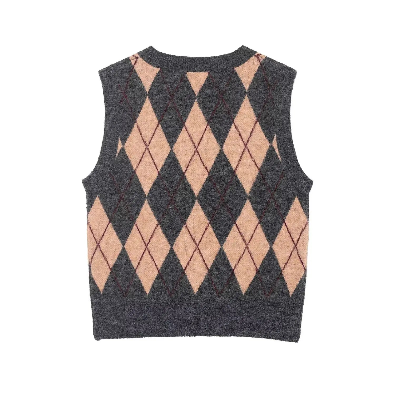 Full back view on white background of grey and beige argyle print knit vest