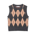 Full front view on white background of grey and beige argyle print sleeveless knit vest