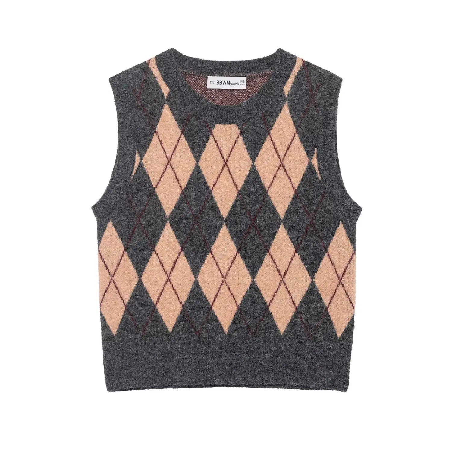  Full front view on white background of grey and beige argyle print sleeveless knit vest
