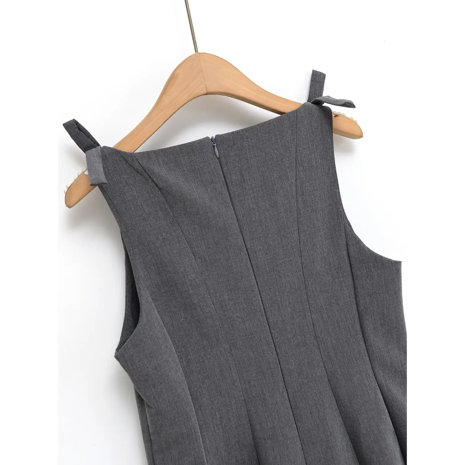 Grey Bow Strap Swing Mini Dress, Back Neck & Zipper Close-up | Detail