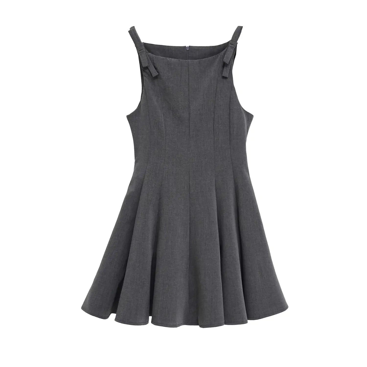 Grey Bow Strap Swing Mini Dress, Flat Lay Front View | Detail
